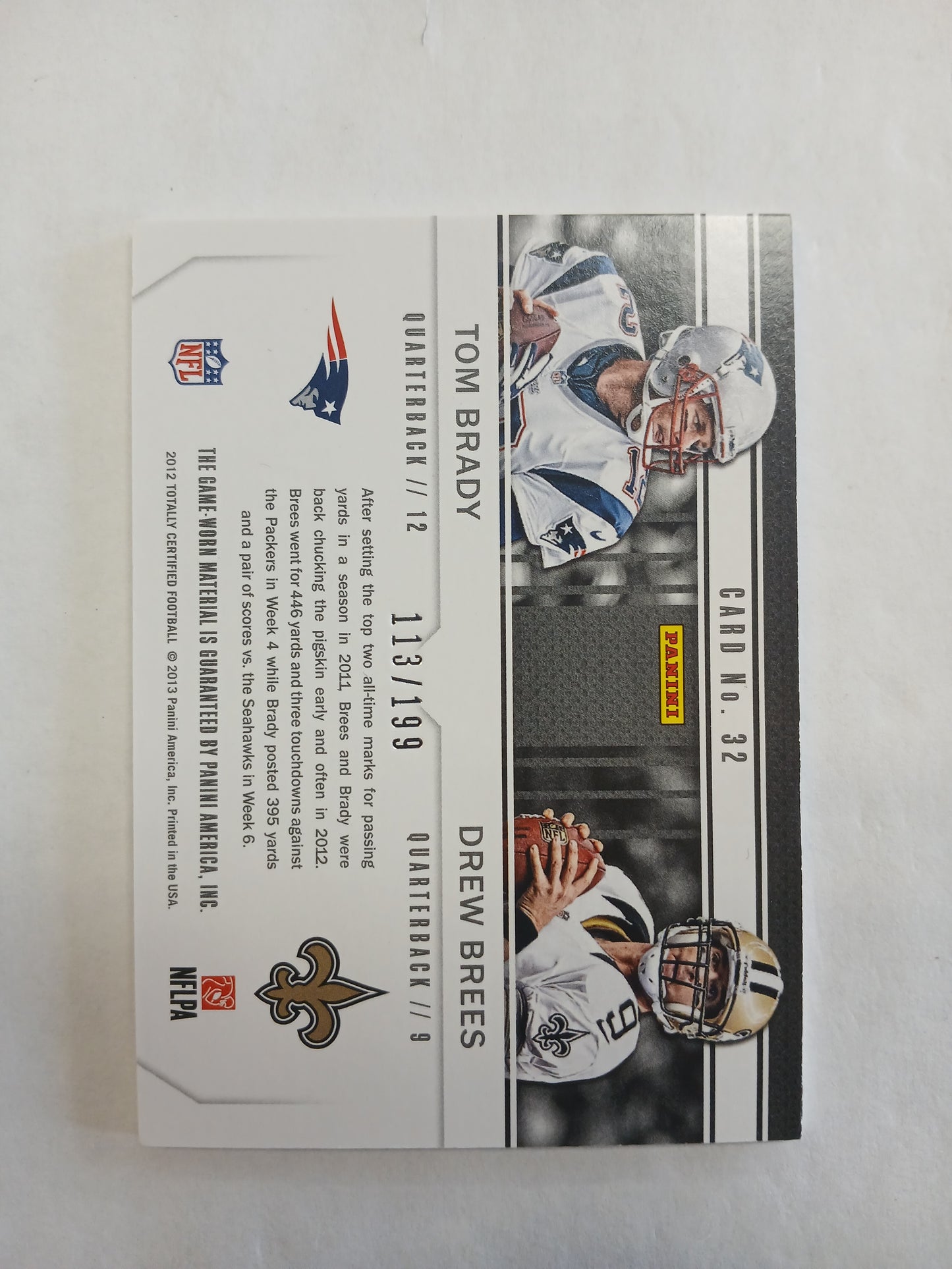 2012 Totally Certified Tom Brady Drew Brees Stitches In Time Dual Patch #/199