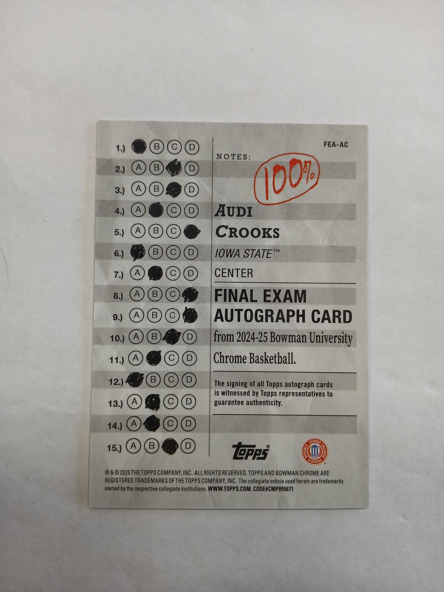 2025 Bowman U Chrome Audi Crooks Final Exam Tutor On Card Auto Refractor