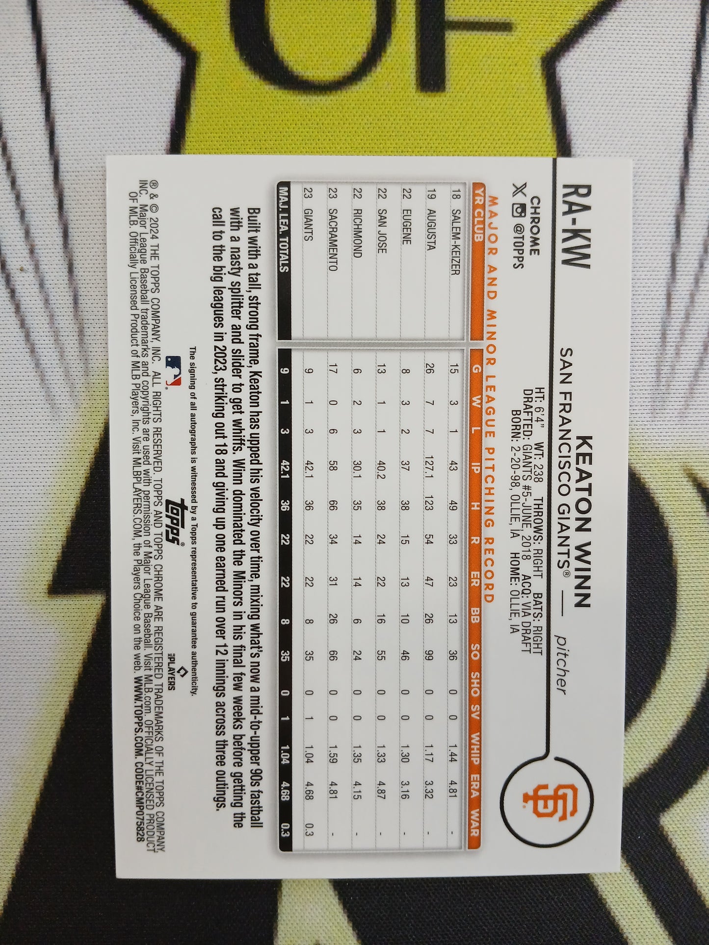 2024 Topps Chrome Keaton Winn Orange On Card Rookie Auto #1/25