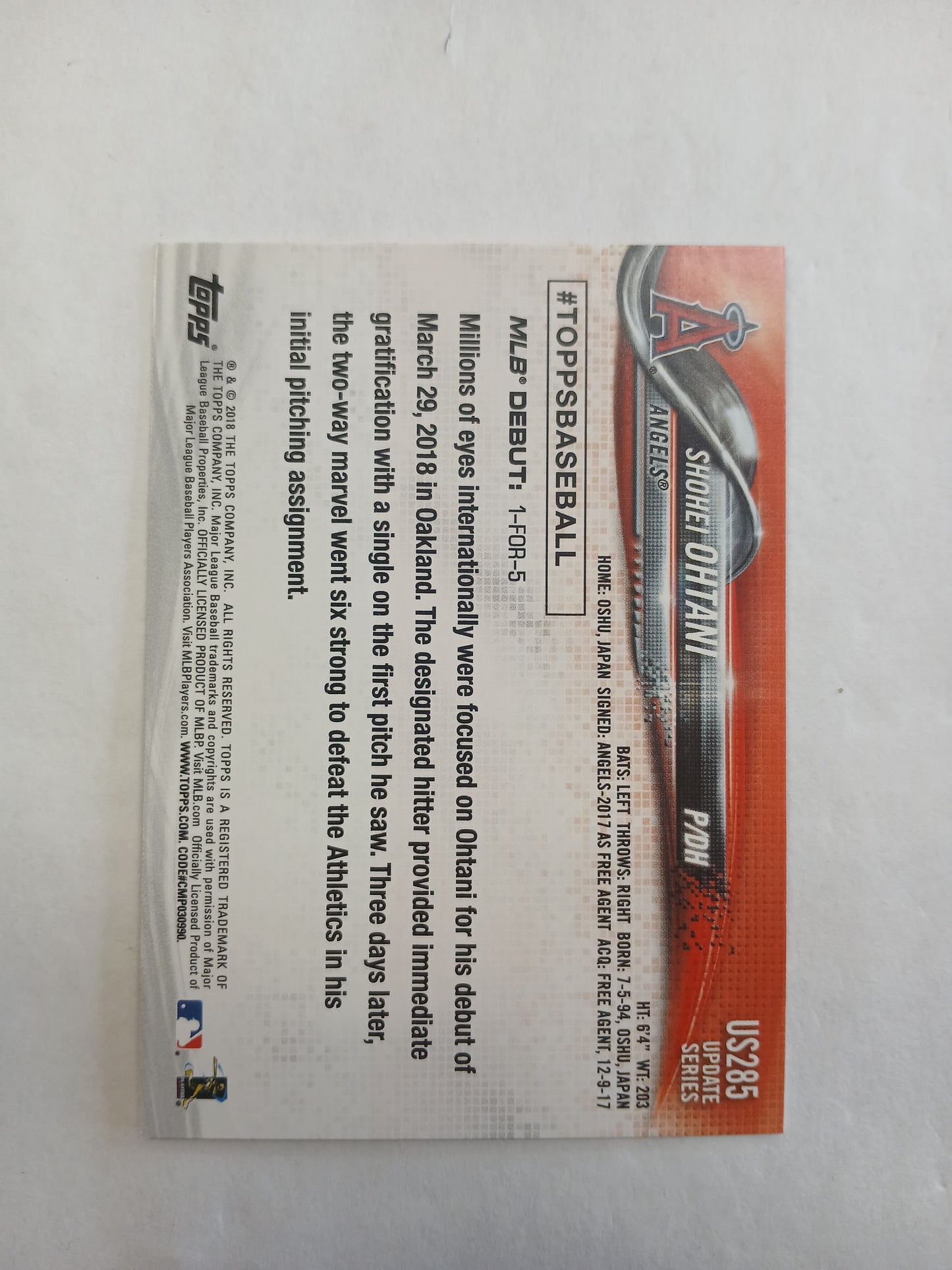 2018 Topps Update Shohei Ohtani Rookie Debut Batting US285
