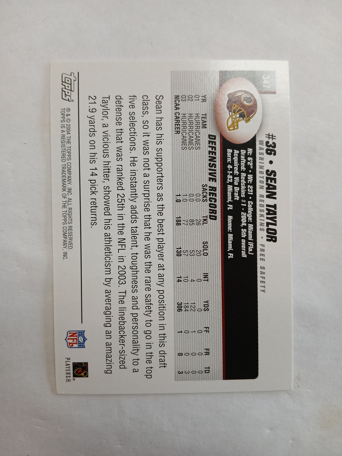 2004 Topps Sean Taylor Rookie Card No. 347