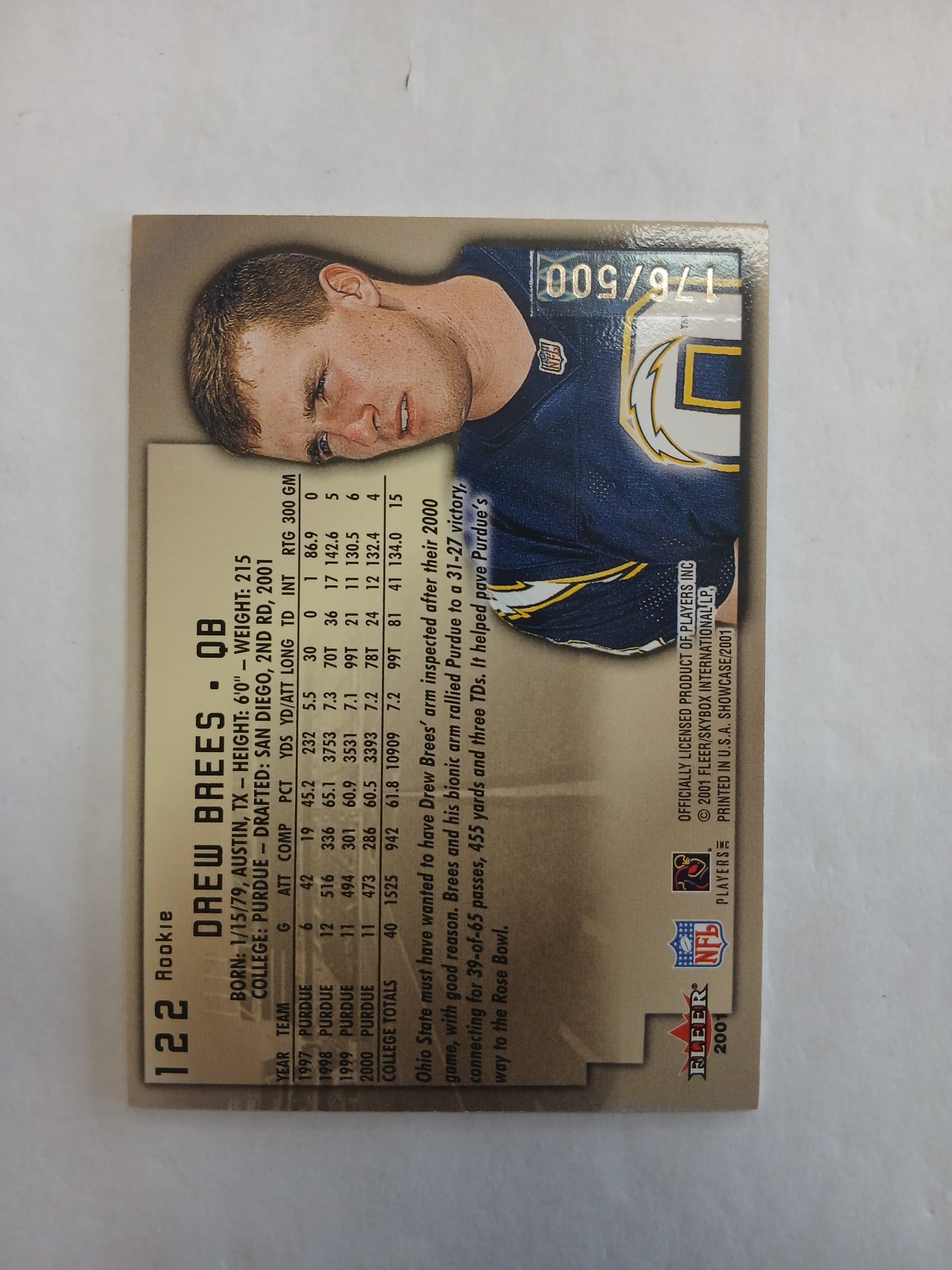 2001 Fleer Showcase Drew Brees Rookie Avant Card #/500