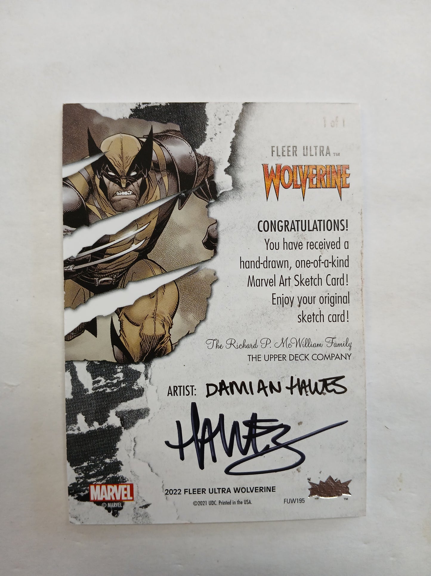 2022 Fleer Ultra Wolverine Old Man Logan #1/1 One of One Sketch Card Artist Damian Hawks
