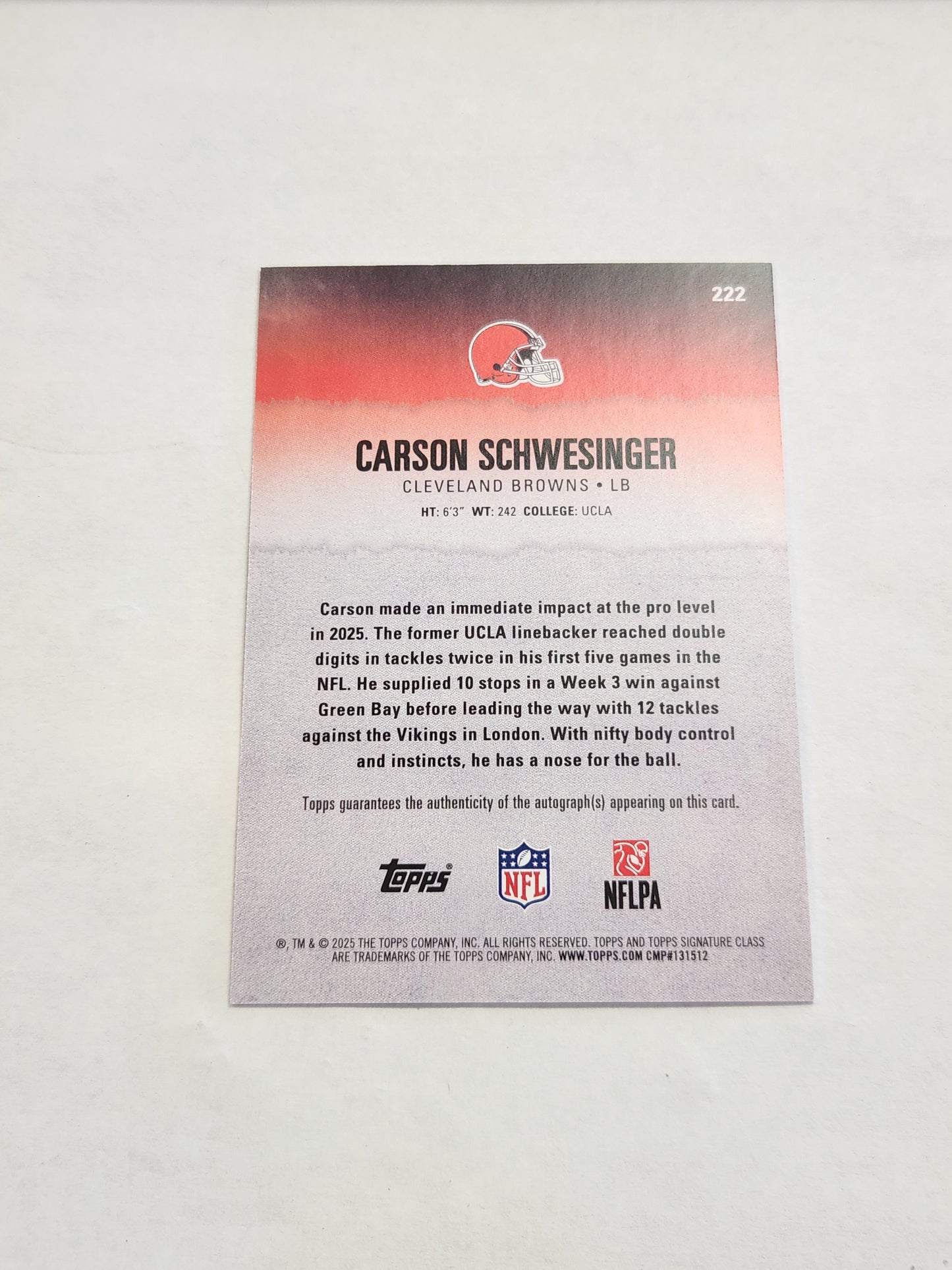 2025 Topps Signature Class Carson Schwesinger Rookie Auto