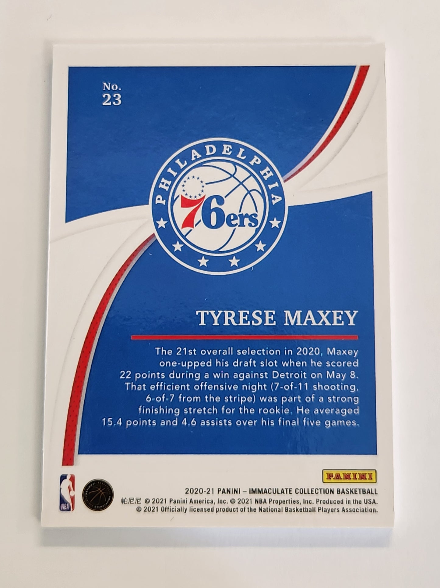 2020 Immaculate Collection Tyrese Maxey Rookie Blue Foil #/25