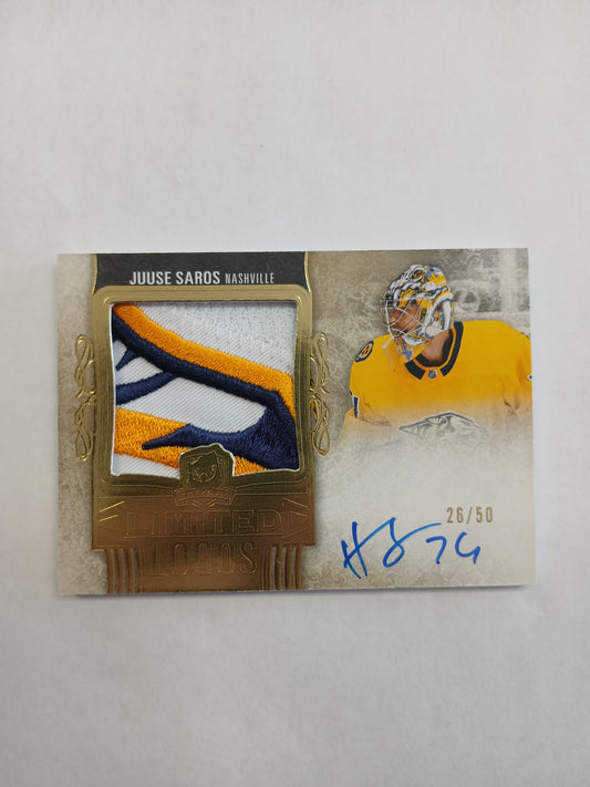 2022 Upper Deck The Cup Juuse Saros Limited Logos On Card Auto Logo Patch Gold #/50