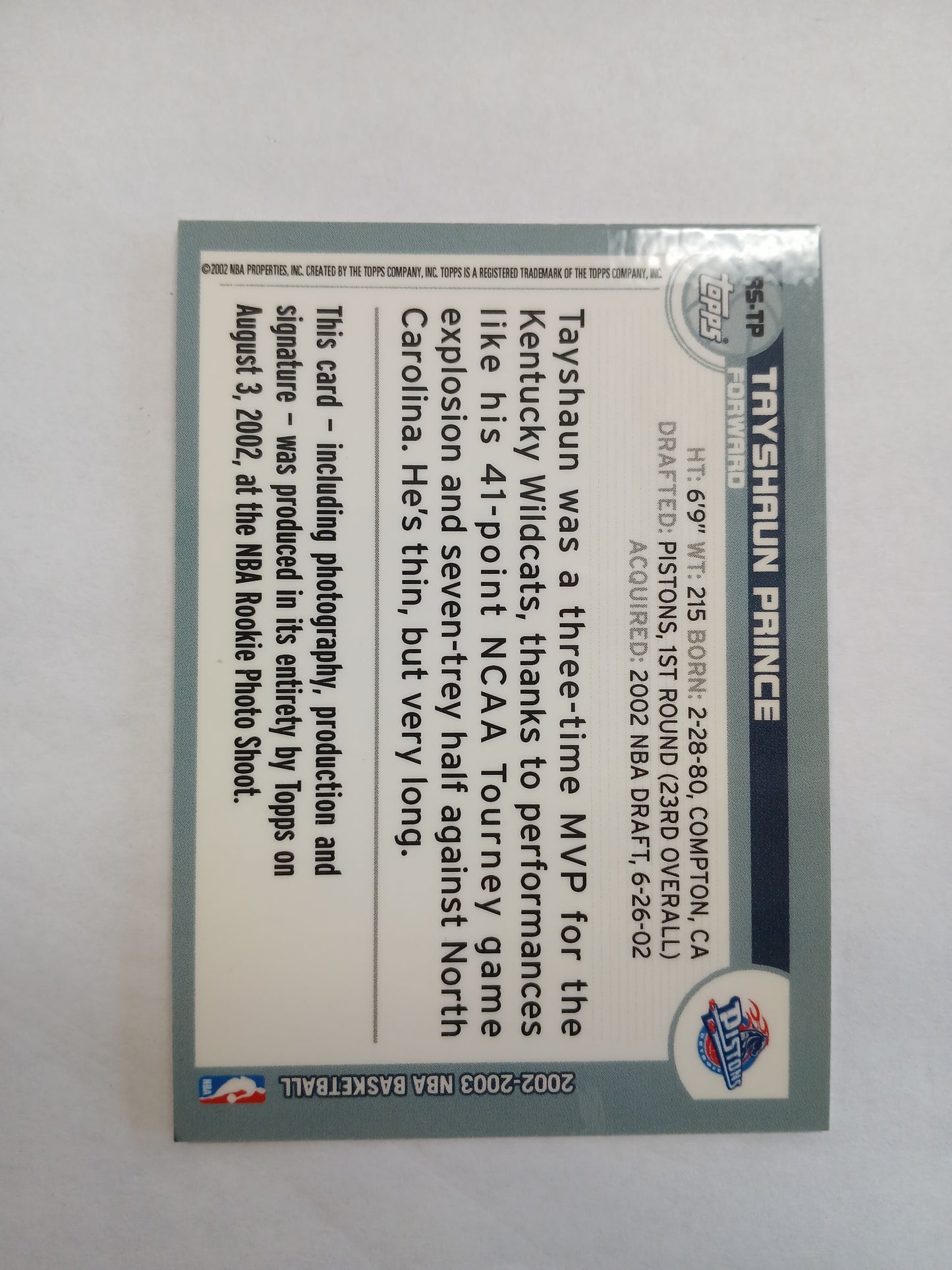 2002 Topps Tayshaun Prince On Card Rookie Auto RS-TP