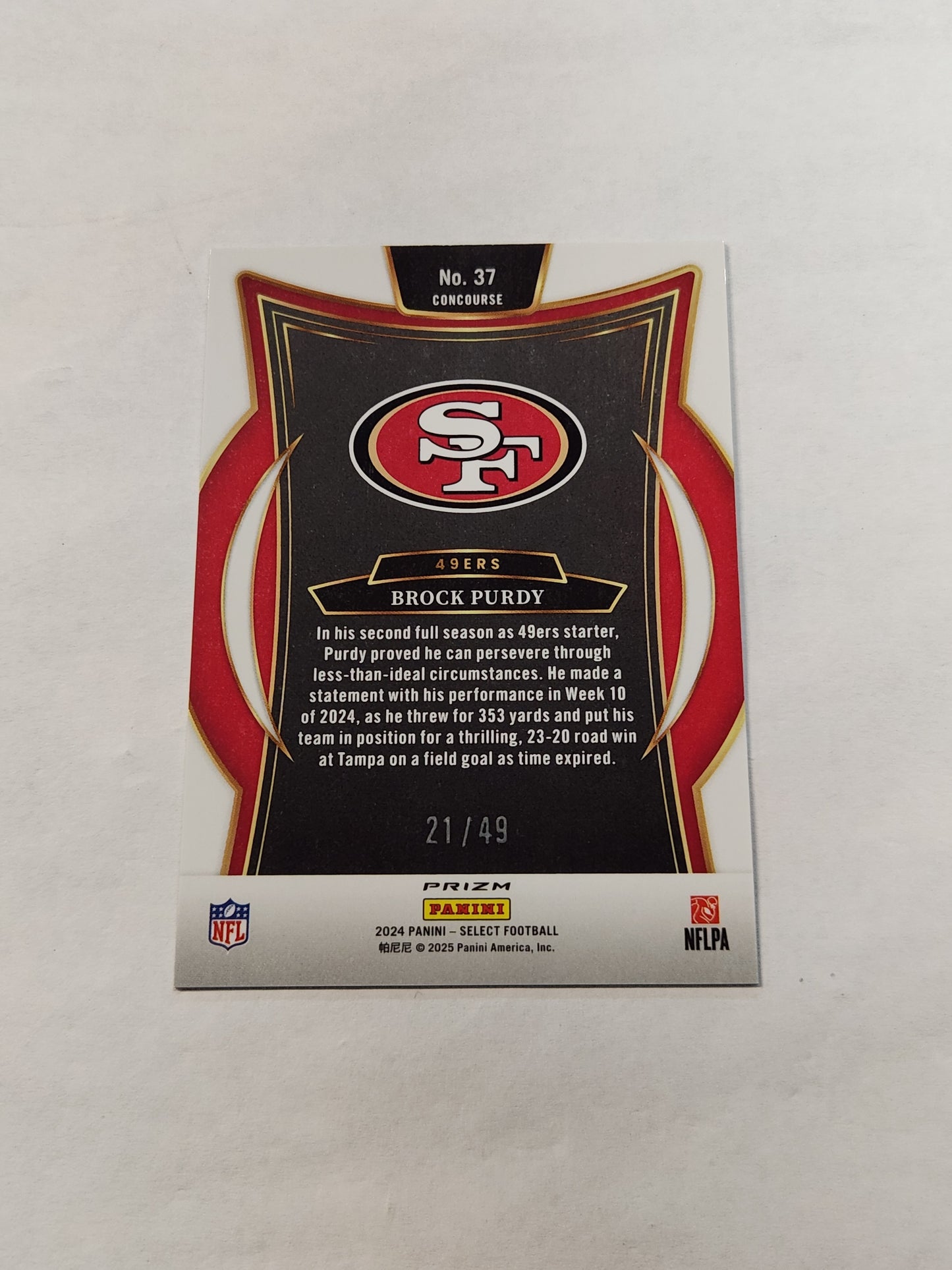 2024 Select Brock Purdy Concourse Red Disco No Huddle Prizm #/49 Jersey Color Match