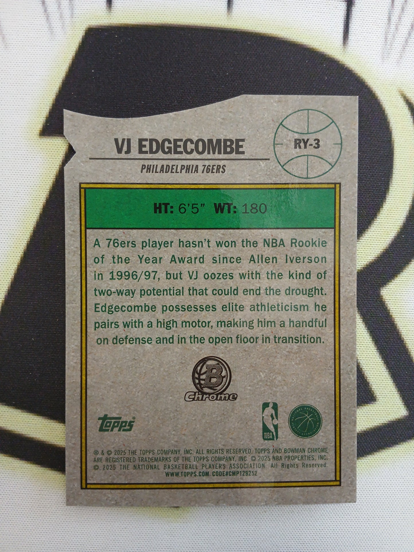 2025 Bowman Chrome VJ Edgecombe Rookie of the Year Favorites Die Cut Purple Refractor #/199