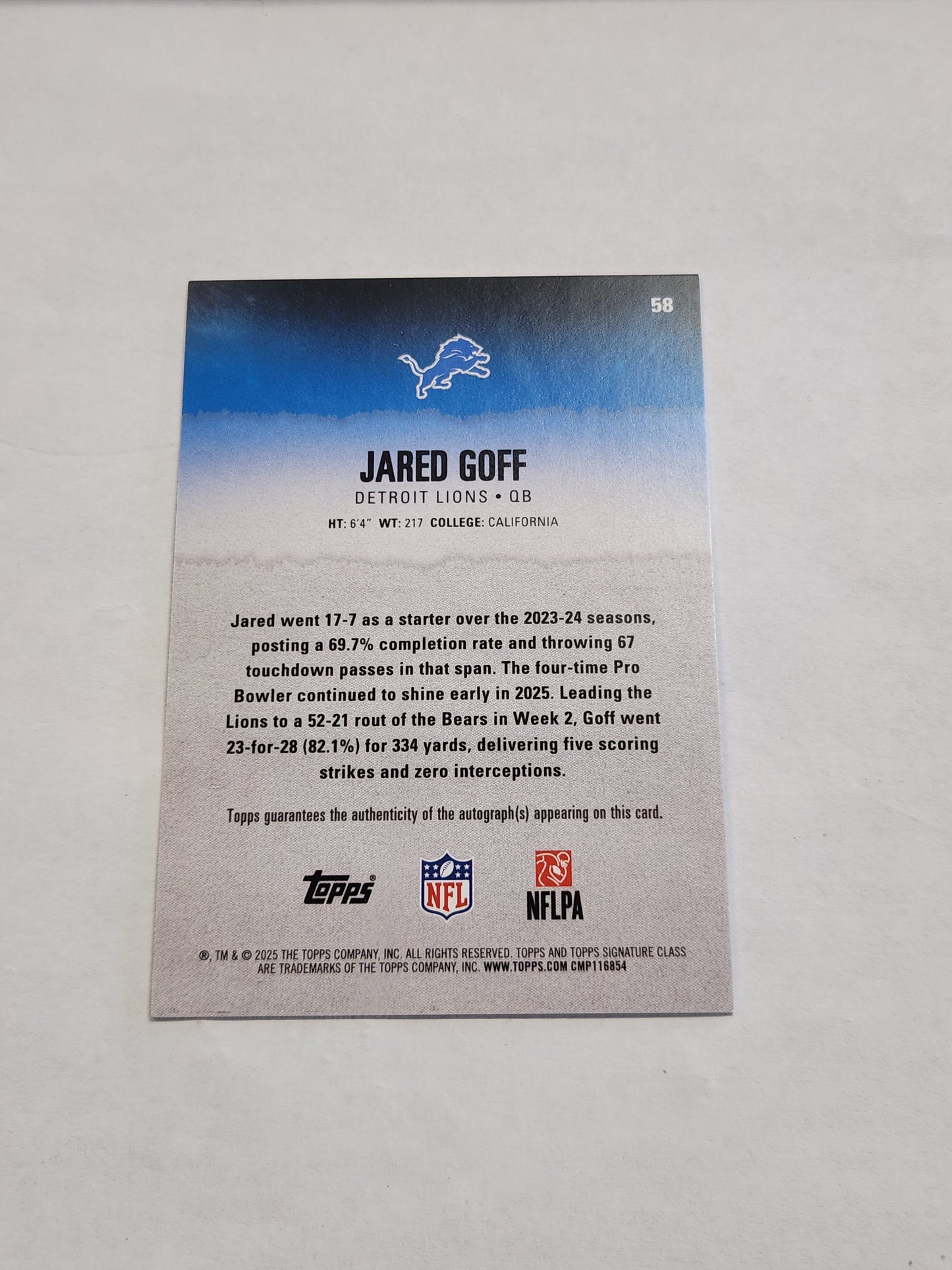 2025 Topps Signature Class Jared Goff Silver Auto #/275