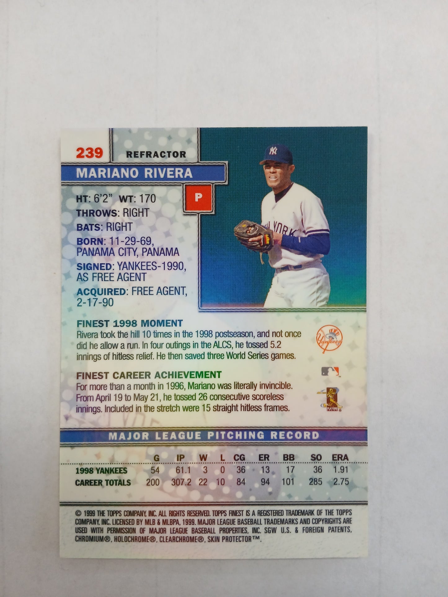 1999 Topps Finest Mariano Rivera Refractor With Coating