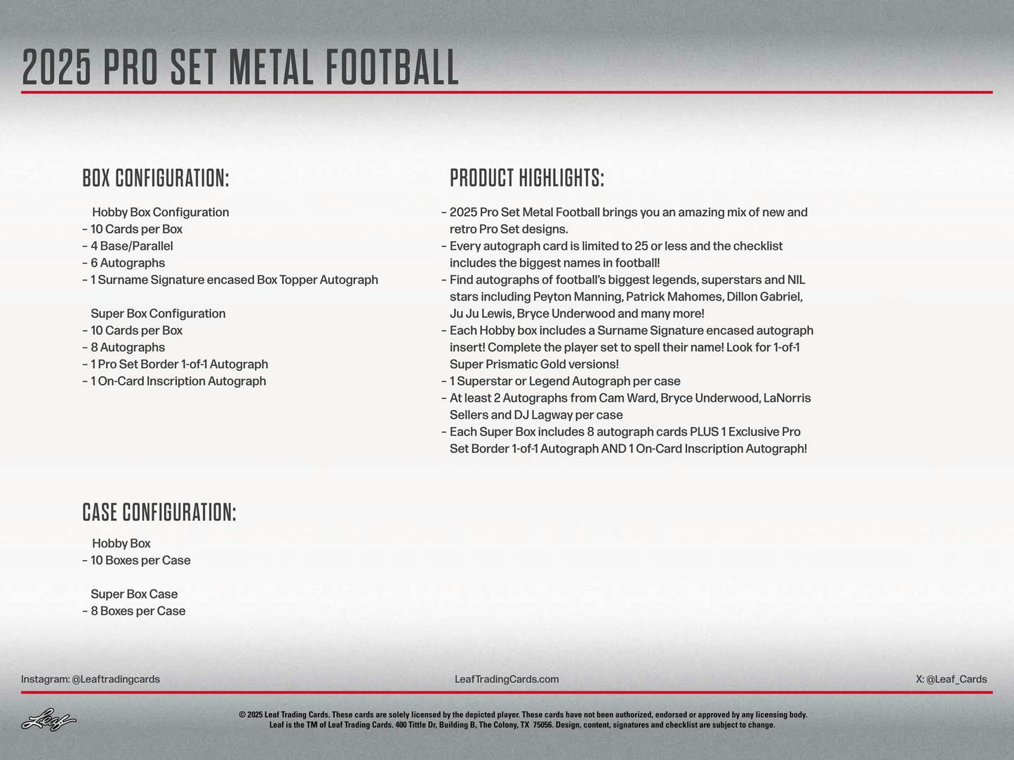 2025 Leaf Pro Set Metal Football (1) Hobby Box