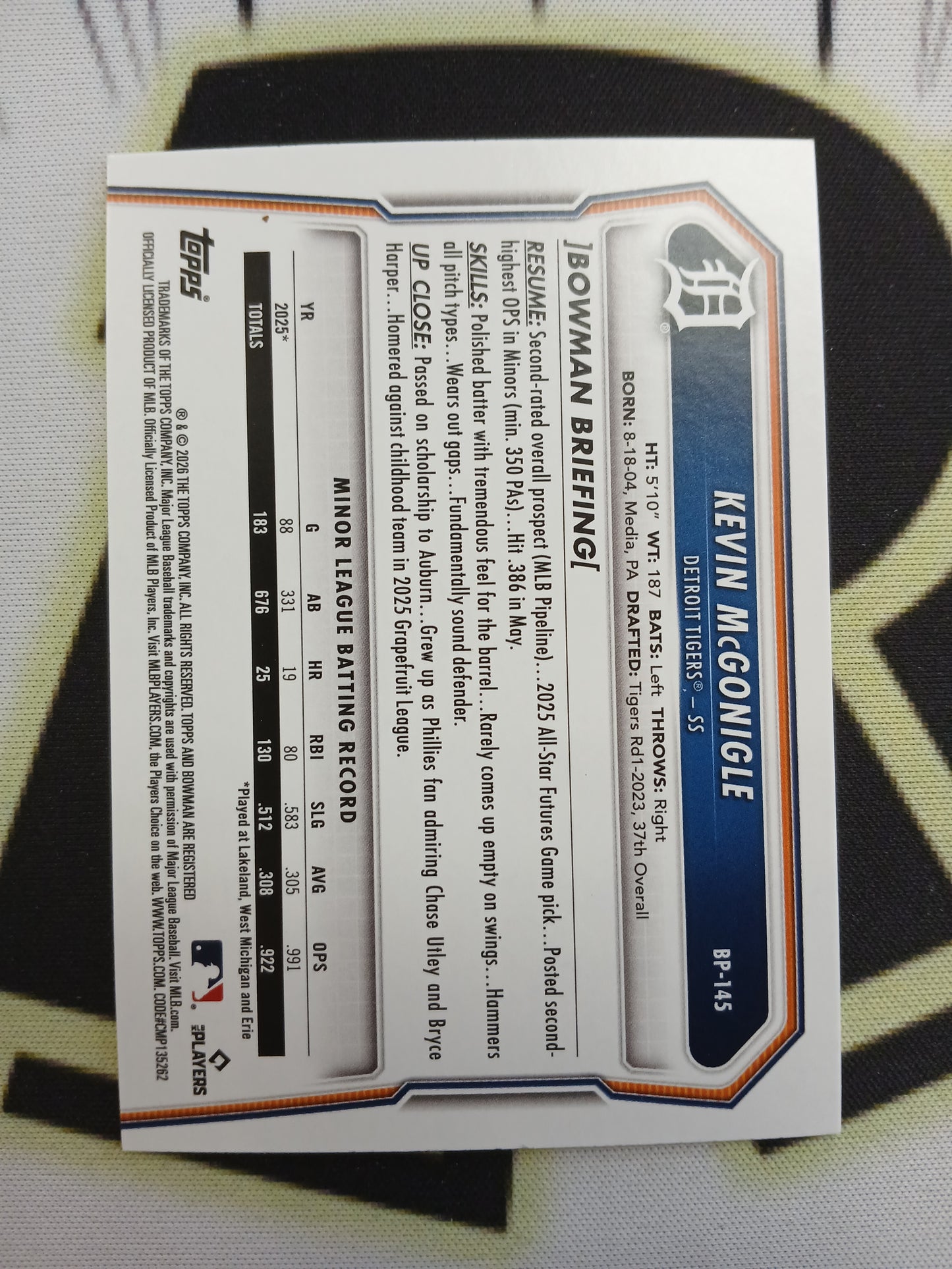 2026 Bowman Kevin McGonigle Yellow #/75