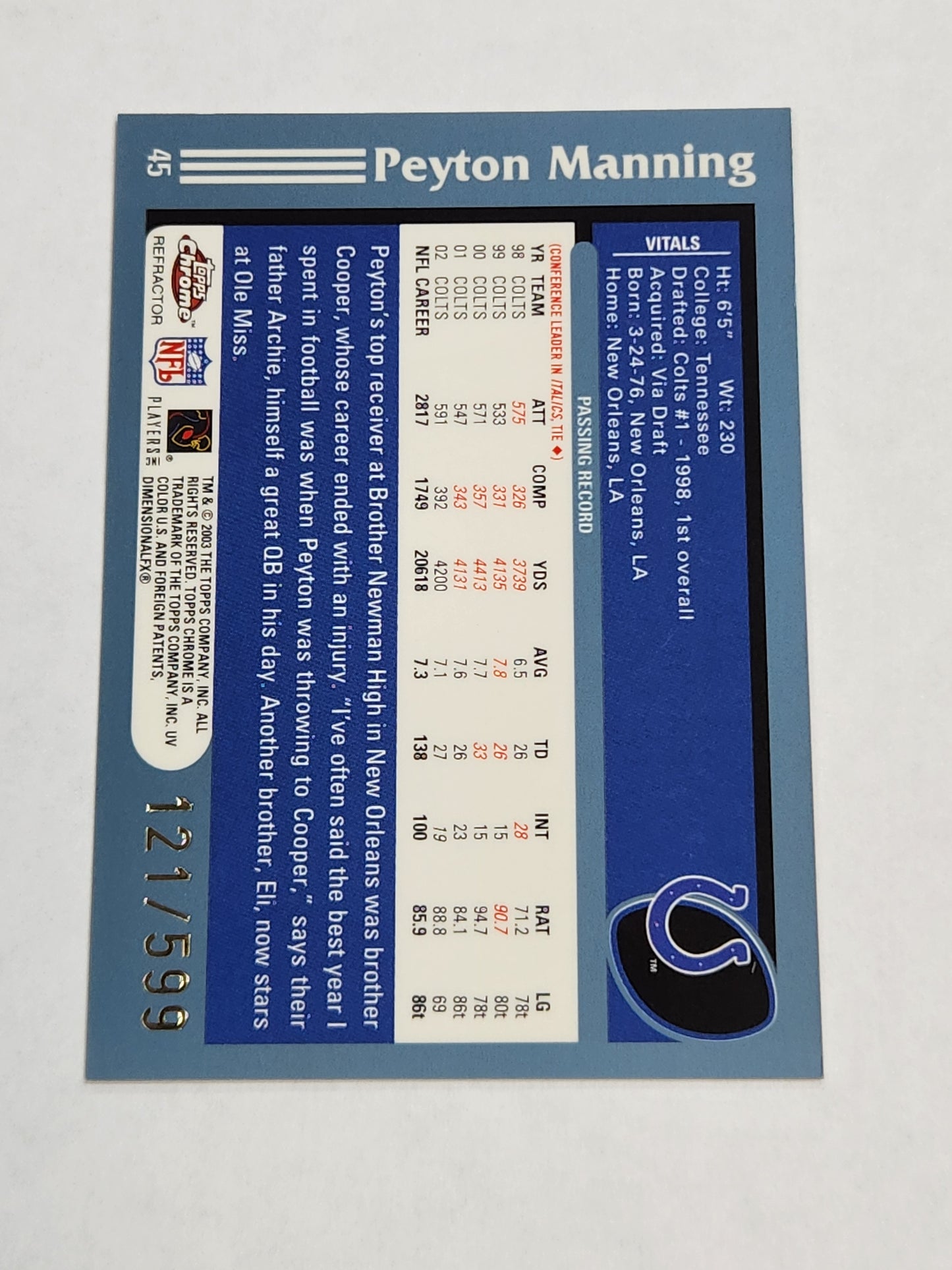 2003 Topps Chrome Peyton Manning # /599 Black Refractor #45 Colts