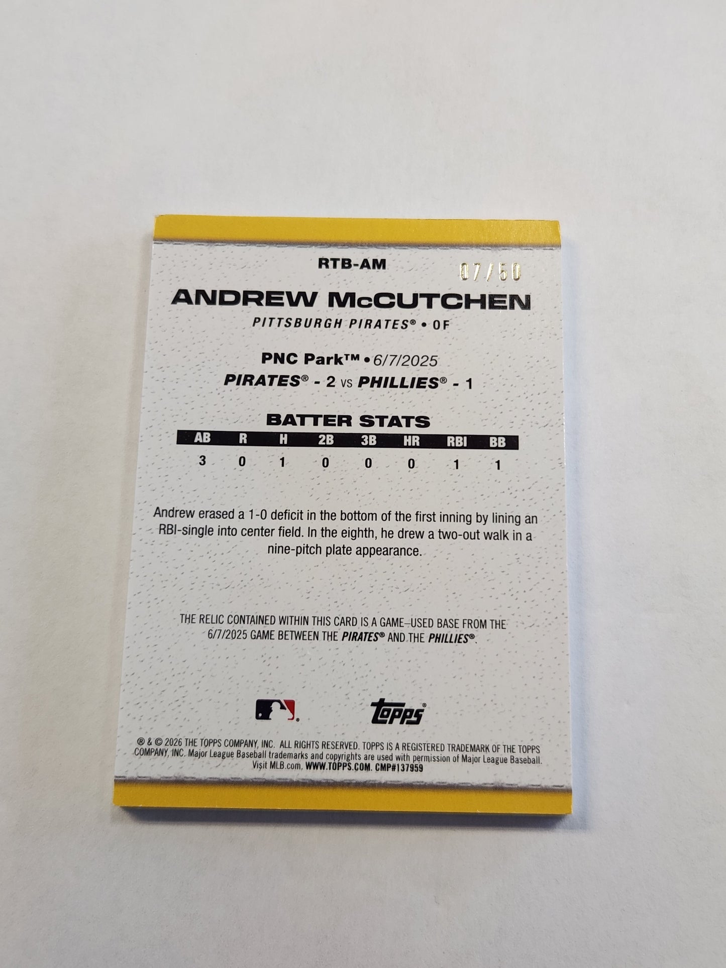 2026 Topps Andrew McCutchen Base Relic Gold #/50