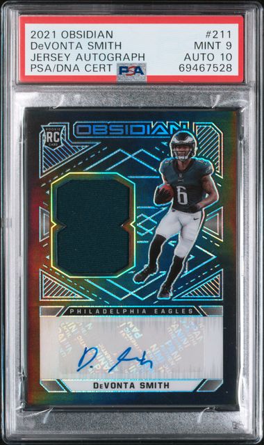 2021 Obsidian DeVonta Smith Rookie Patch Auto #/100 PSA 9 Auto Grade 10
